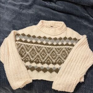 Free People Cream and Brown Patterned Mockneck Sweater